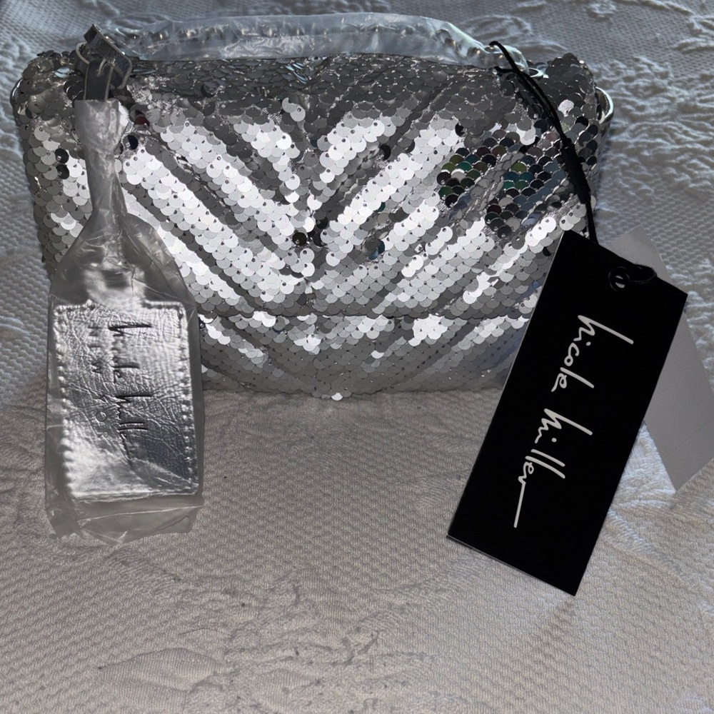 Nicole Miller Sparkling Silver Sequin Clutch